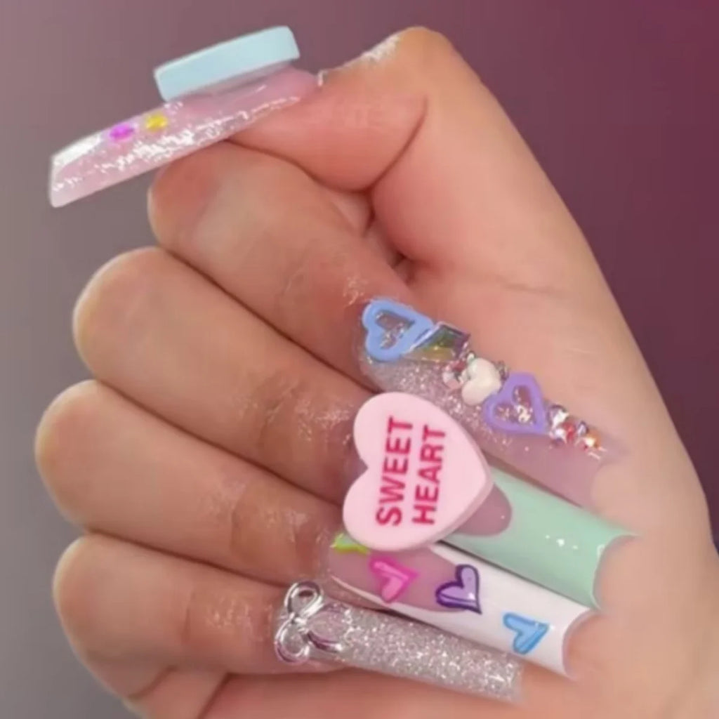 24pcs long square Press on Nails wealth decora French 3D Bow rhinestone Pink Fake Nails Cute Long Nail Art wearable detachable