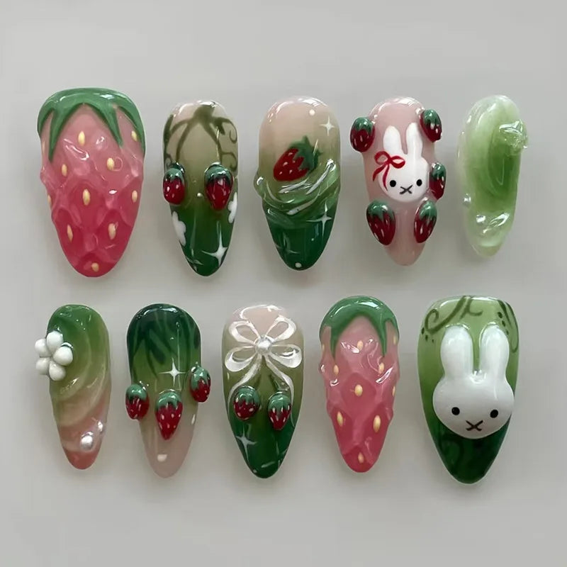 24pcs Ice Transparent 3D Strawberry Rabbit Floral Smudge Gradient Press On Nails Glossy Sweet Cute Ins Korean European Trend Style Handmade Soft Gentle Finished False Nail Patches Skin Flattering Reusable Removable Comfort Ma