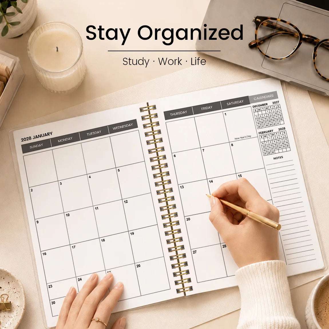 2026 2028 A5 Monthly Planner, Gold Spiral Cat Cover Organizer