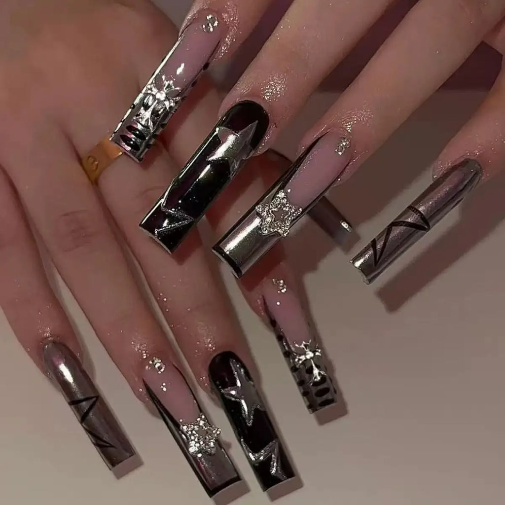 24pcs long square Press on Nails wealth decora French 3D Bow rhinestone Pink Fake Nails Cute Long Nail Art wearable detachable