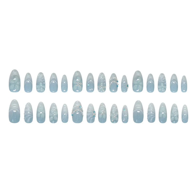 24pcs 3D Cat Eye Blue Gradient Misty Shiny Ice Clear Floral Pearl Press On Nails Glossy Dreamy Sparkling Ins European Luxury Trend Handmade Finished False Nail Patches Skin Brightening Reusable Removable Comfort Fit Manicure