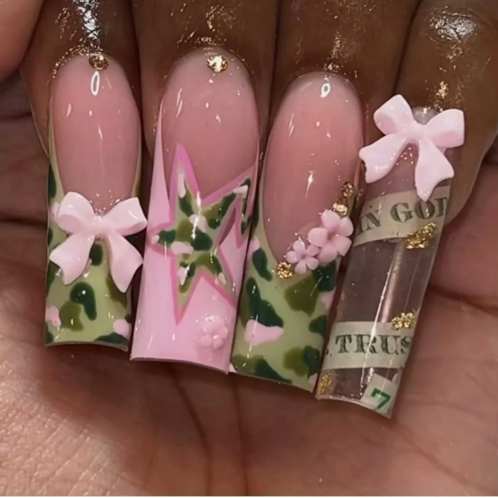 24pcs long square Press on Nails wealth decora French 3D Bow rhinestone Pink Fake Nails Cute Long Nail Art wearable detachable