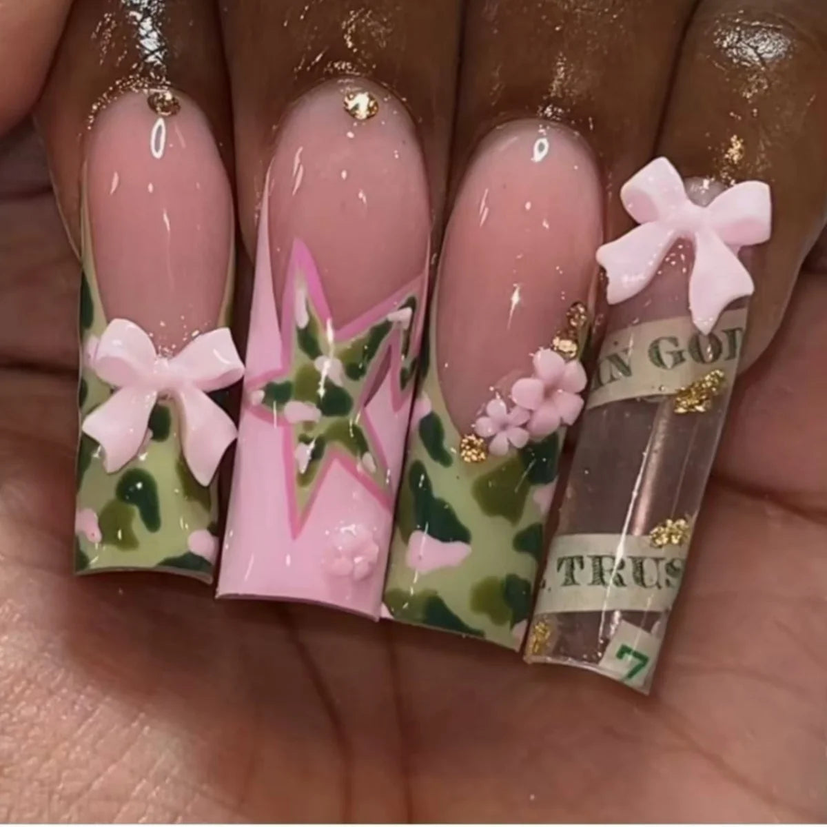 24pcs long square Press on Nails wealth decora French 3D Bow rhinestone Pink Fake Nails Cute Long Nail Art wearable detachable