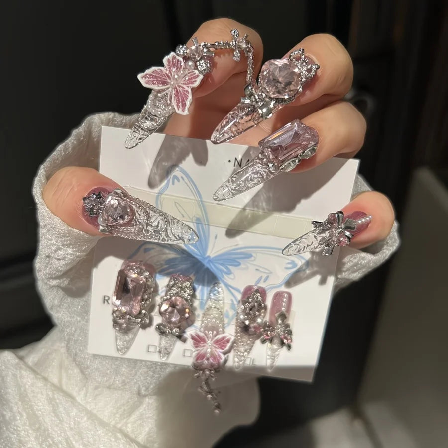 10-piece Handmade Translucent Glitter Butterfly Nail Art for Spring and Summer, Brightening and Whitening False Nails