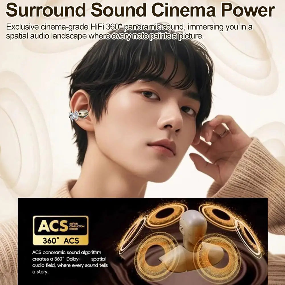 Wireless Open Ear Clip On Earbuds, Bluetooth Crystal Bowknot