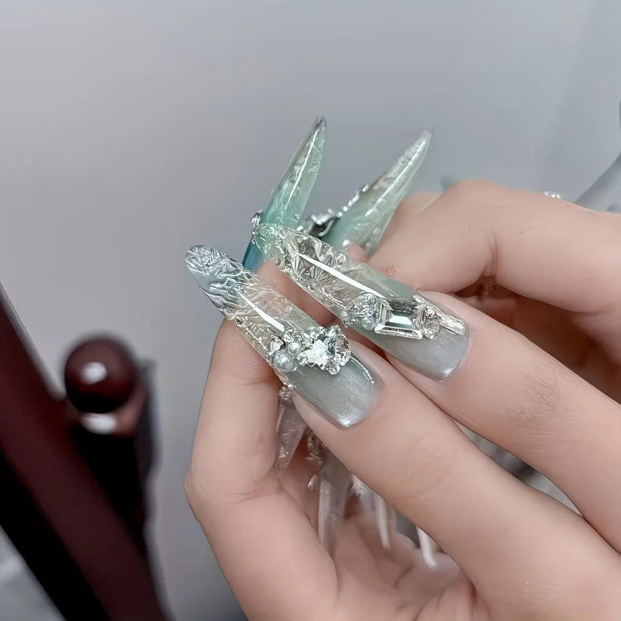10pcs/Purely Handmade Adorned Nails【Spring Mountain Cold Moon】High-end, Light Luxury Atmosphere, Pure and Ethereal, Clear and Transparent Nail Art, Purely Handmade Adorned Nails, Reusable False Nails, Suitable for Holiday