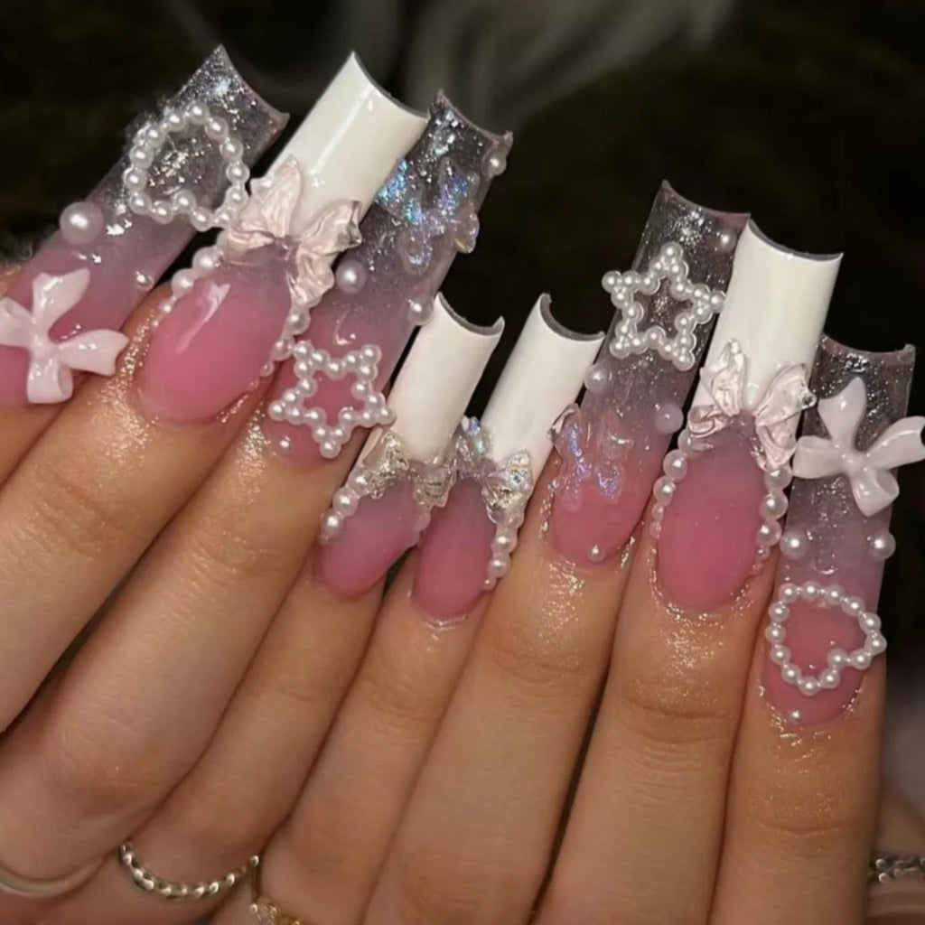 24pcs long square Press on Nails wealth decora French 3D Bow rhinestone Pink Fake Nails Cute Long Nail Art wearable detachable
