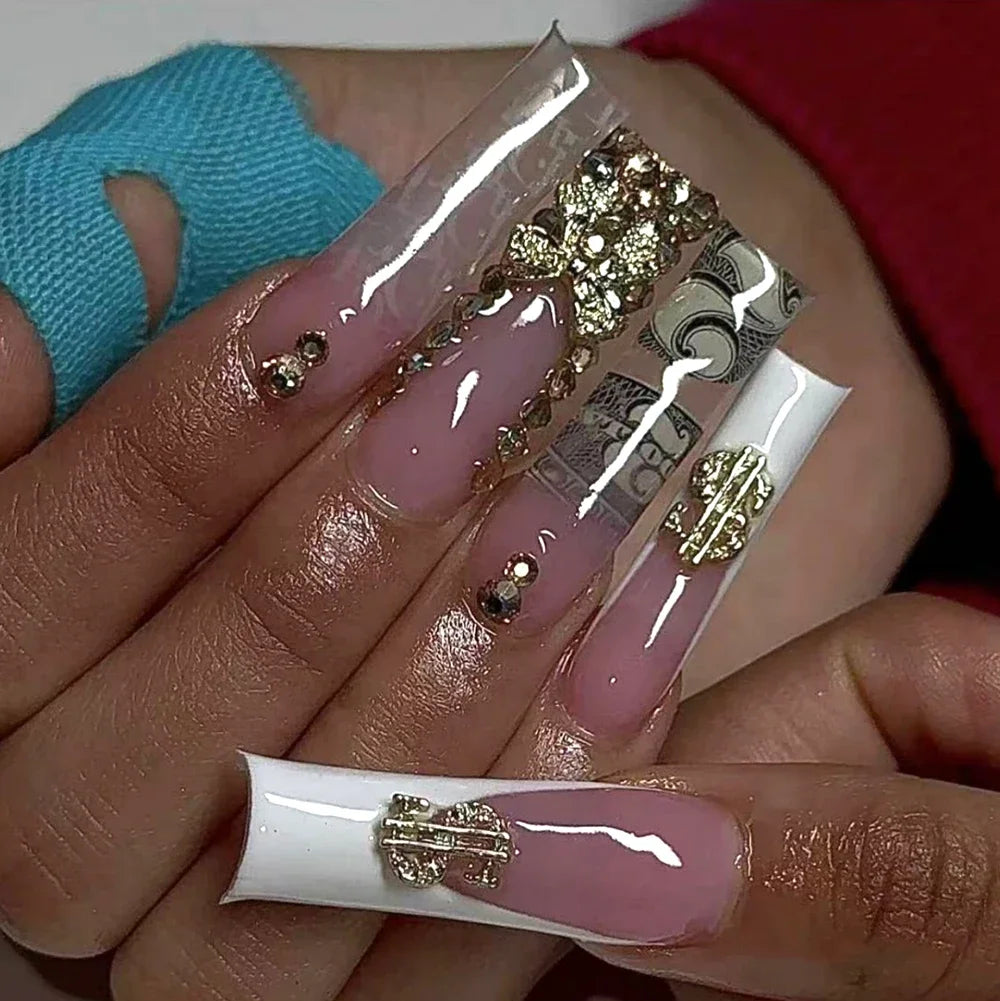 24pcs long square Press on Nails wealth decora French 3D Bow rhinestone Pink Fake Nails Cute Long Nail Art wearable detachable