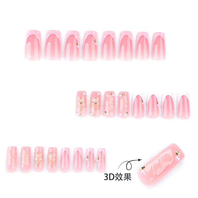 Romantic Pink Gradient Fake Nails Exquisite Flower and Gold Jewelry Fashion Personalized Nail Art Set Suitable for Women
