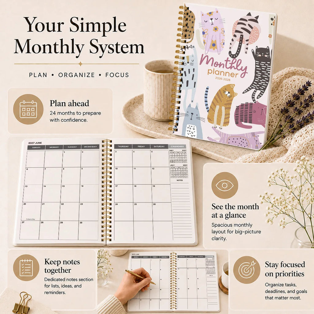 2026 2028 A5 Monthly Planner, Gold Spiral Cat Cover Organizer