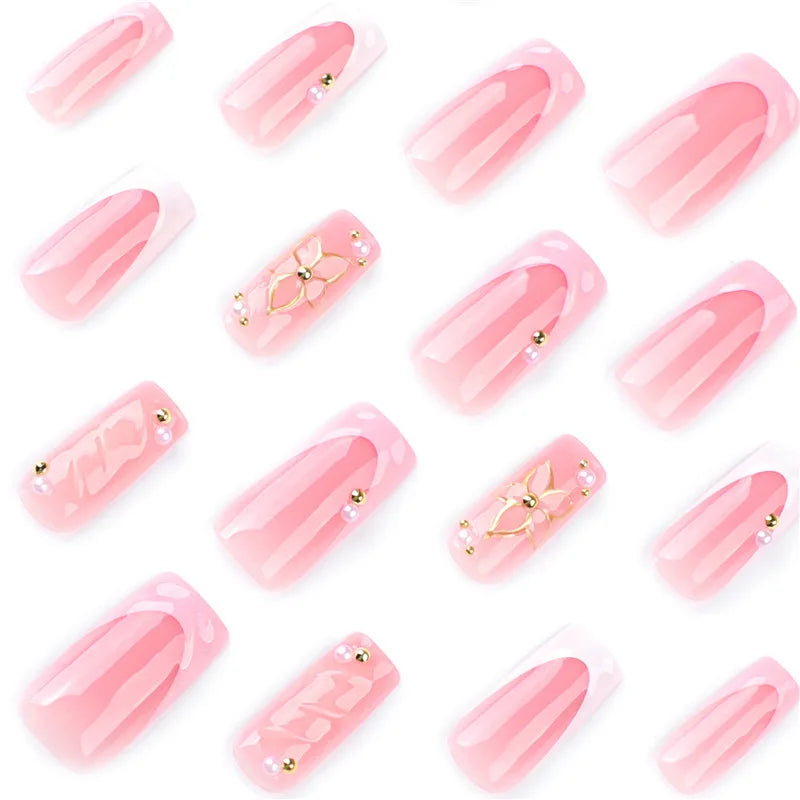 Romantic Pink Gradient Fake Nails Exquisite Flower and Gold Jewelry Fashion Personalized Nail Art Set Suitable for Women