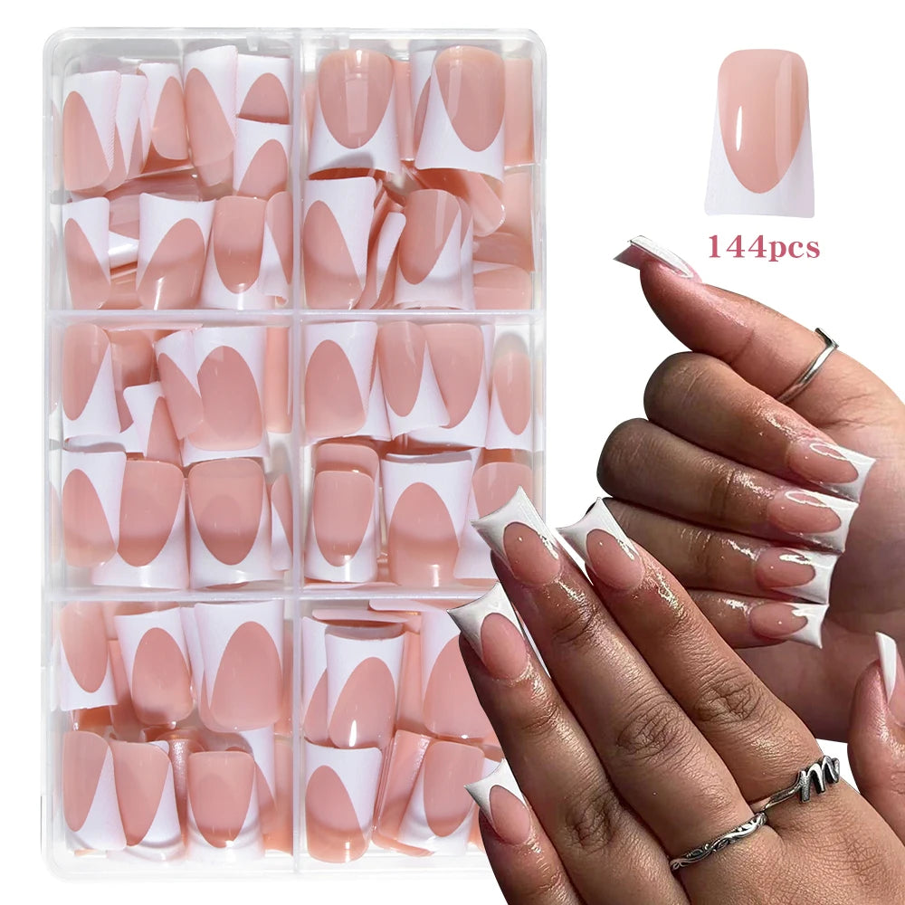 144pc White French Press On Nails, Duck Shape Acrylic Tips