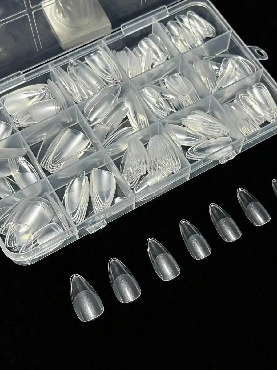 330pcs Short Almond Acrylic Matte Transparent Nail Tips 15 Sizes Press On Artificial Nails