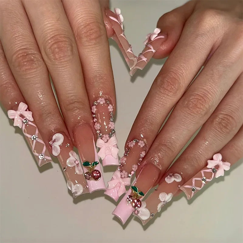 24Pcs Leopard Print Design False Nails with Bow Rhinestone Long Square Press on Nails Wearable French Ballet Fake Nail Tips