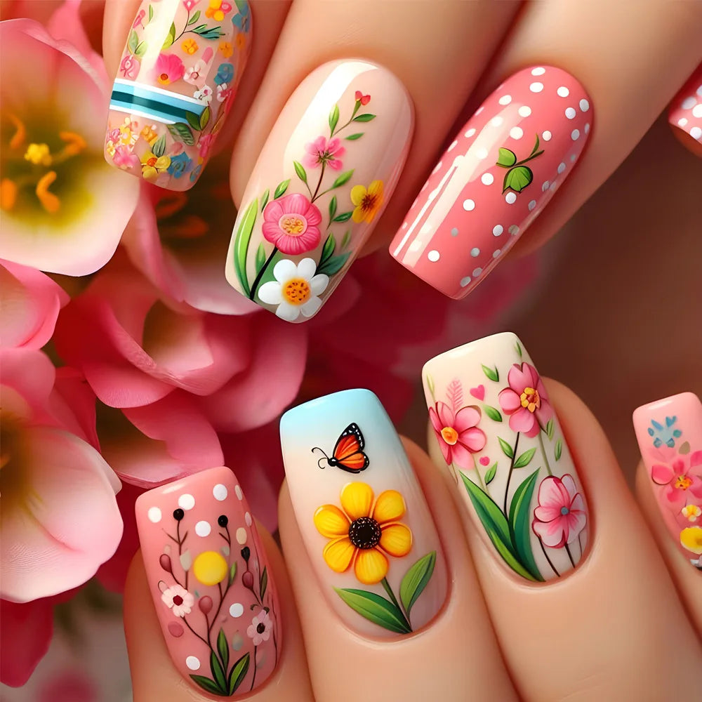 24pcs Mid-length Ballet Fake Acrylic Nails Flower Design Stick on Fake Nail Fashion Square Blue Artifical Wearable Press on Nails Tips Non-Brands