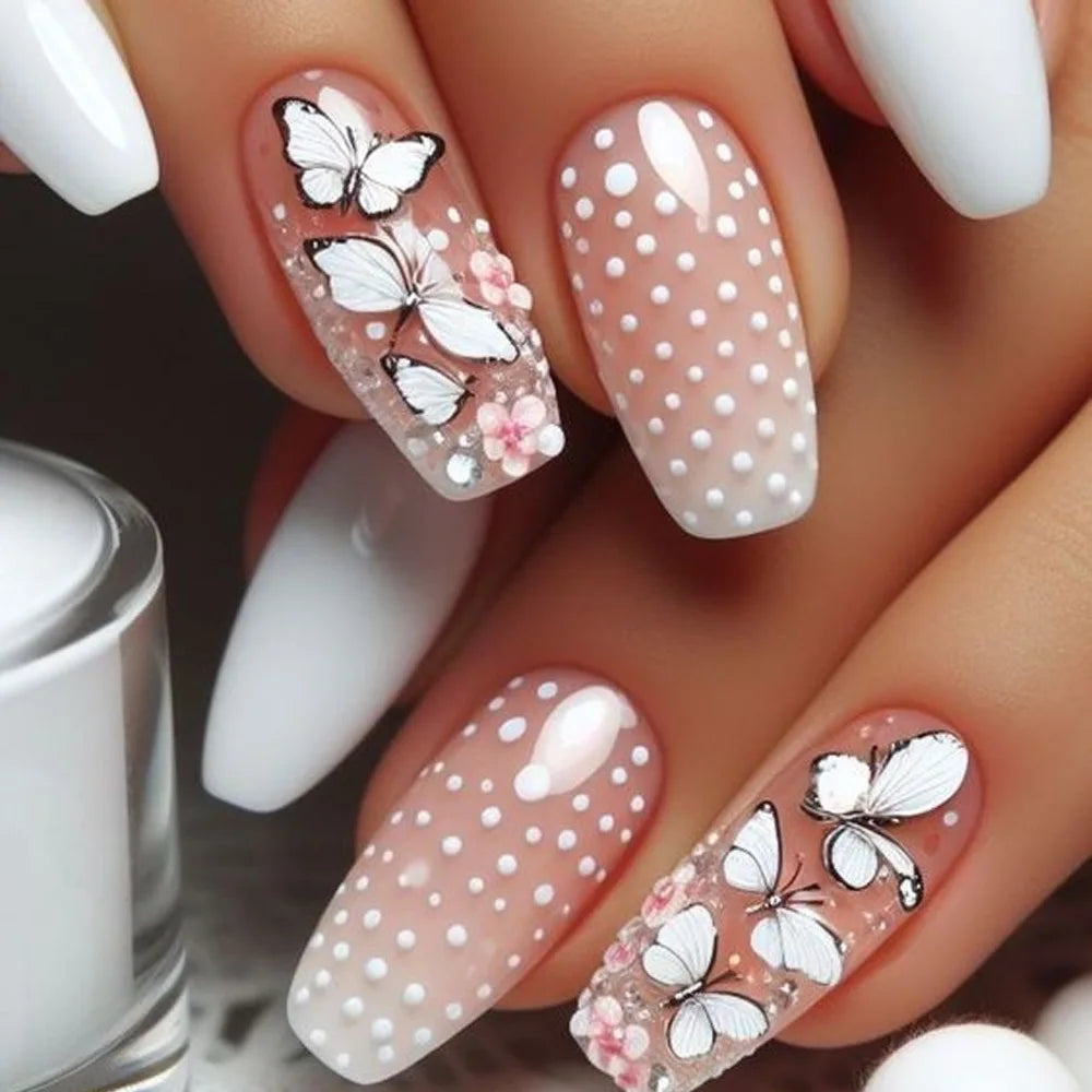 24pcs Mid-length Ballet Fake Acrylic Nails Flower Design Stick on Fake Nail Fashion Square Blue Artifical Wearable Press on Nails Tips Non-Brands