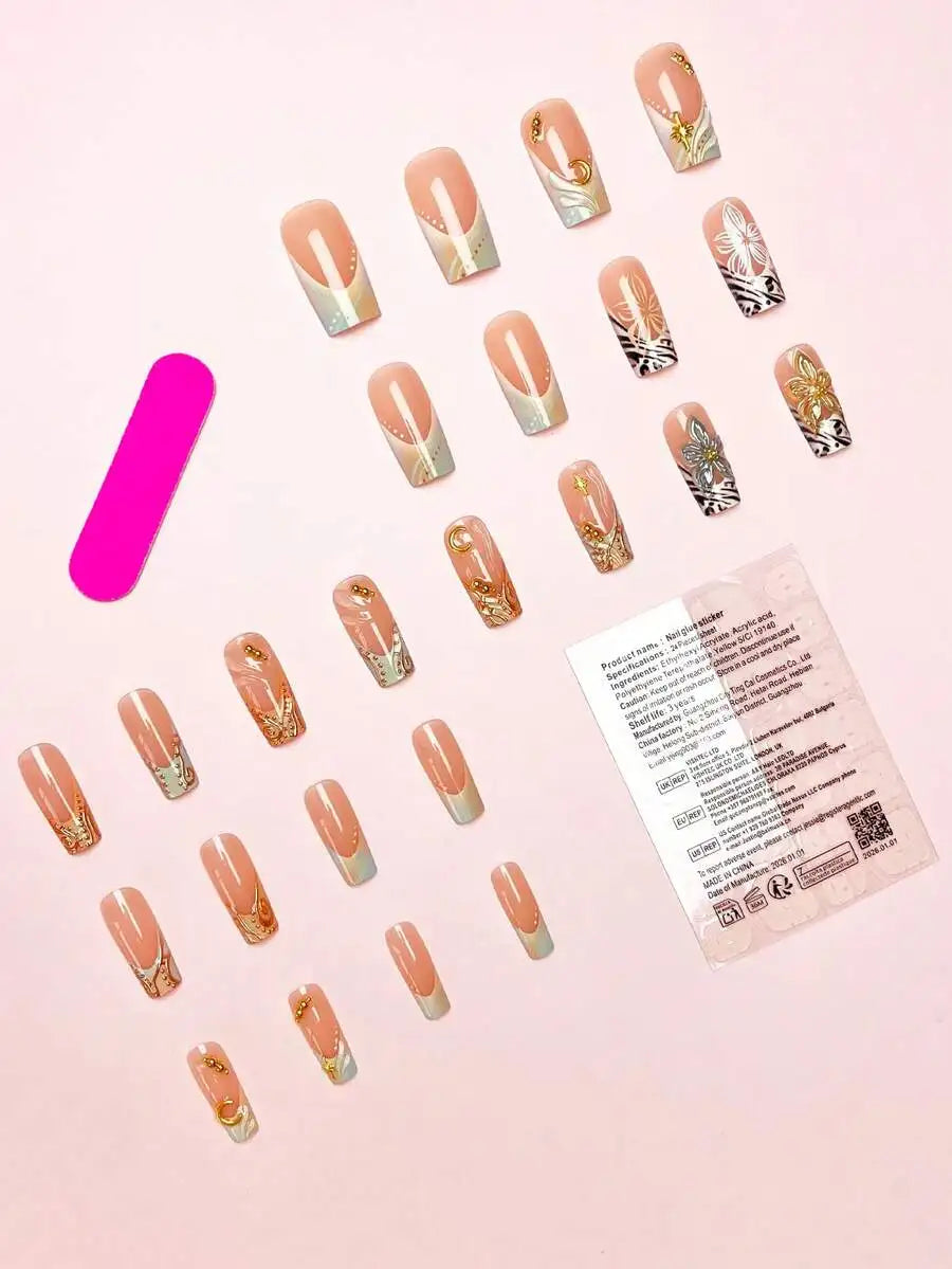 24pcs/Set Elegant 3D Floral, Wavy, Star, Moon & Pearl Designed Long Square Press-On Nails, Colorful Nail Art Accessories Suitabl