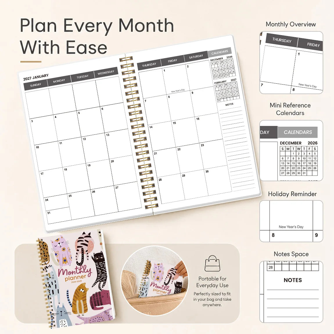 2026 2028 A5 Monthly Planner, Gold Spiral Cat Cover Organizer