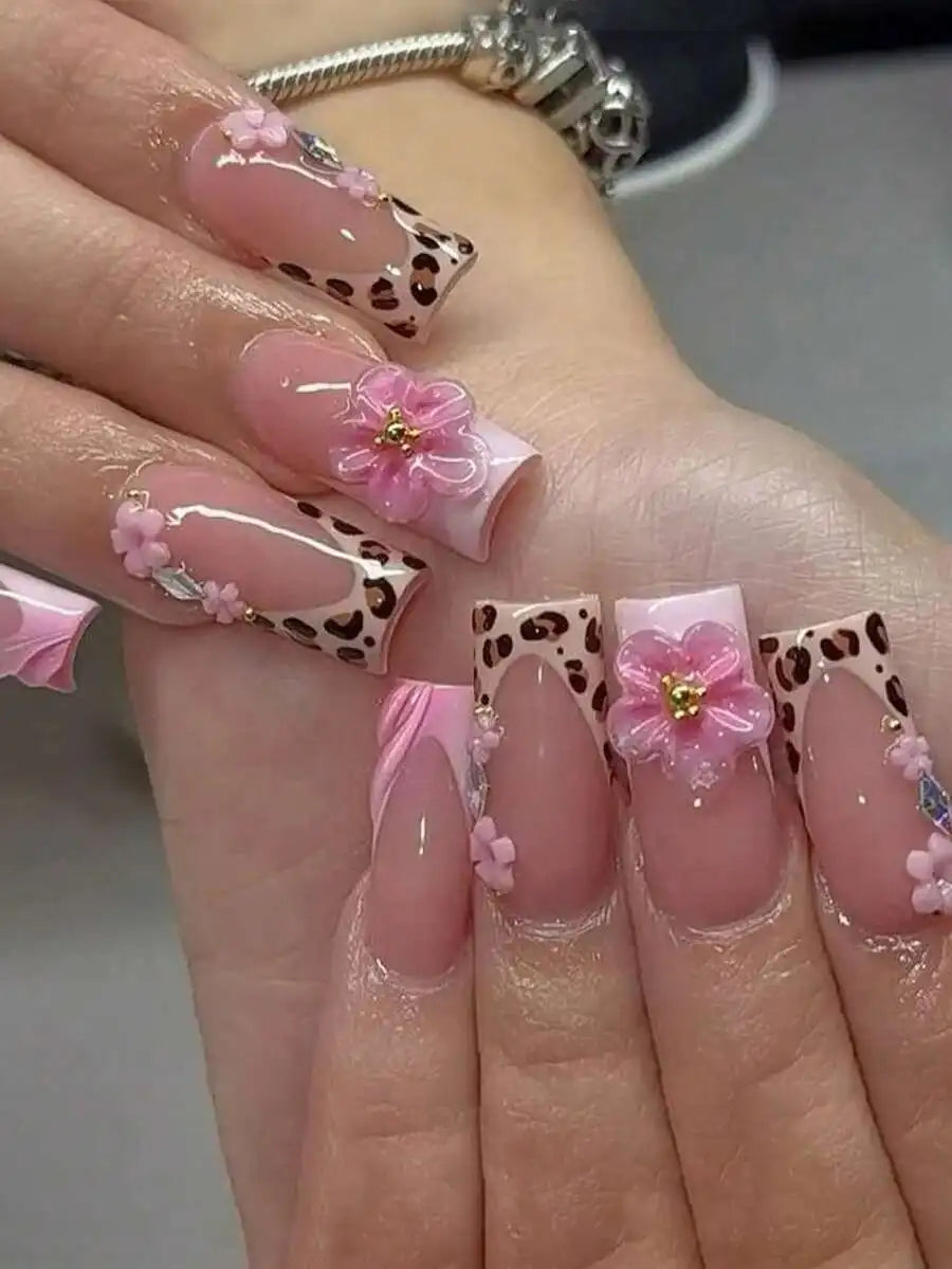 10pcs - Y2K Style Leopard Print Pink Flower Press On Nails, Pink Flower Gold Bead Square Nails - Leopard Print Design, Nude Pink Gradient, Sparkling Rhinestone Embellishment Fake Nails - Suitable For Daily, Party, And Outdoor
