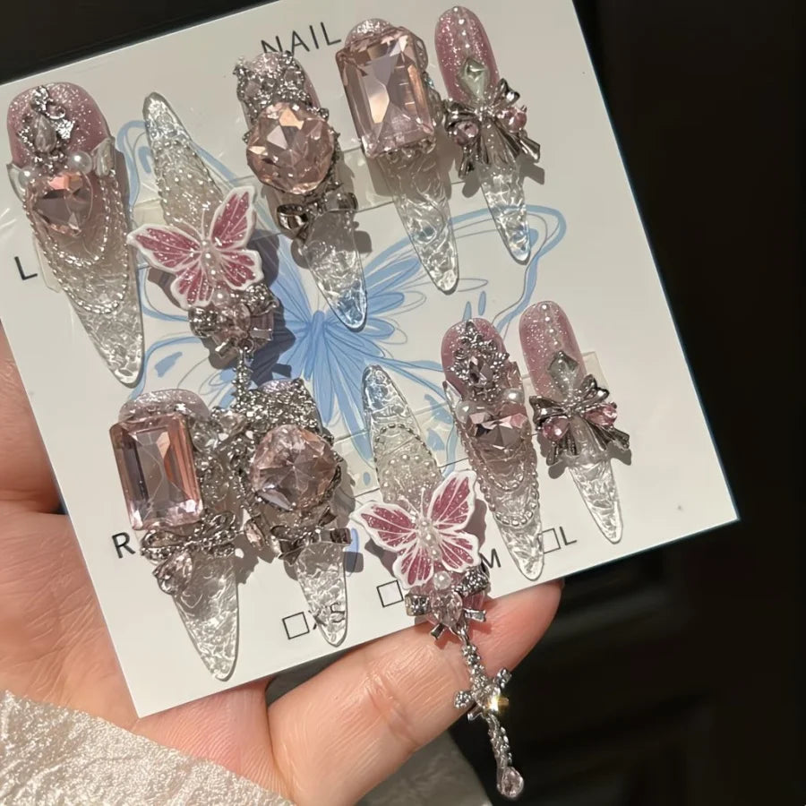 10-piece Handmade Translucent Glitter Butterfly Nail Art for Spring and Summer, Brightening and Whitening False Nails
