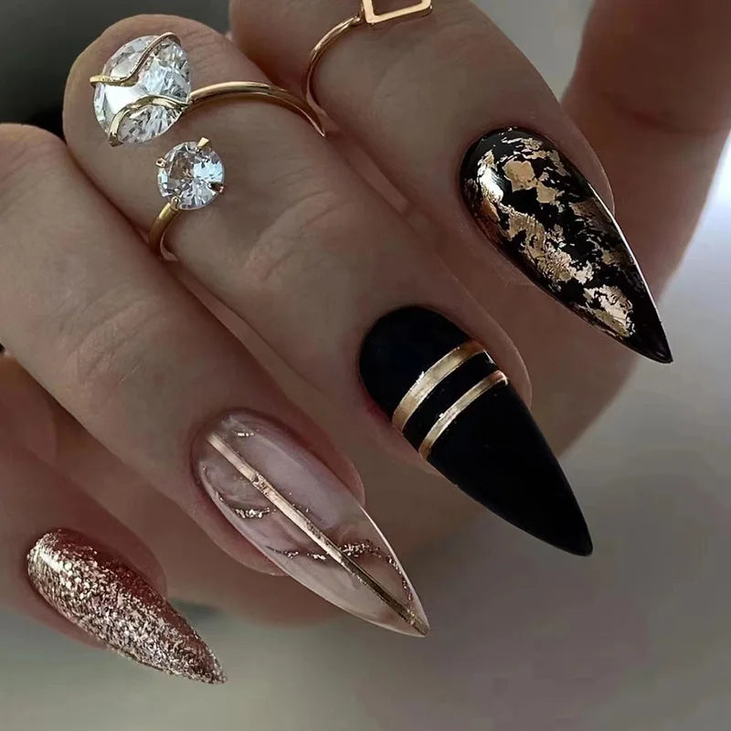 24pc Halloween Press-On Nails Black Y2K Butterfly Diamond Long Almond Tips