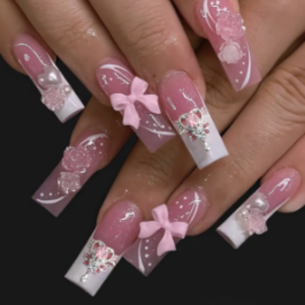 24Pcs Leopard Print Design False Nails with Bow Rhinestone Long Square Press on Nails Wearable French Ballet Fake Nail Tips