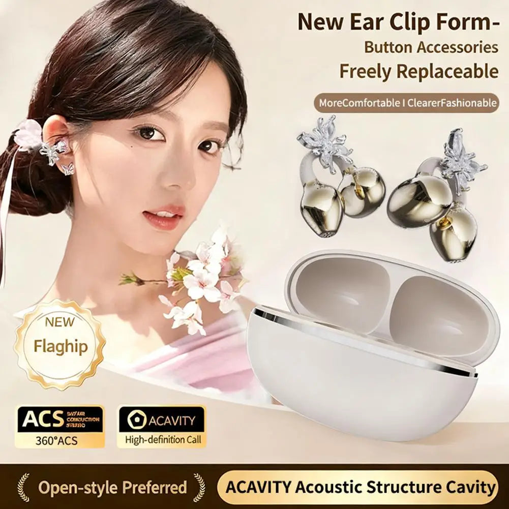 Wireless Open Ear Clip On Earbuds, Bluetooth Crystal Bowknot