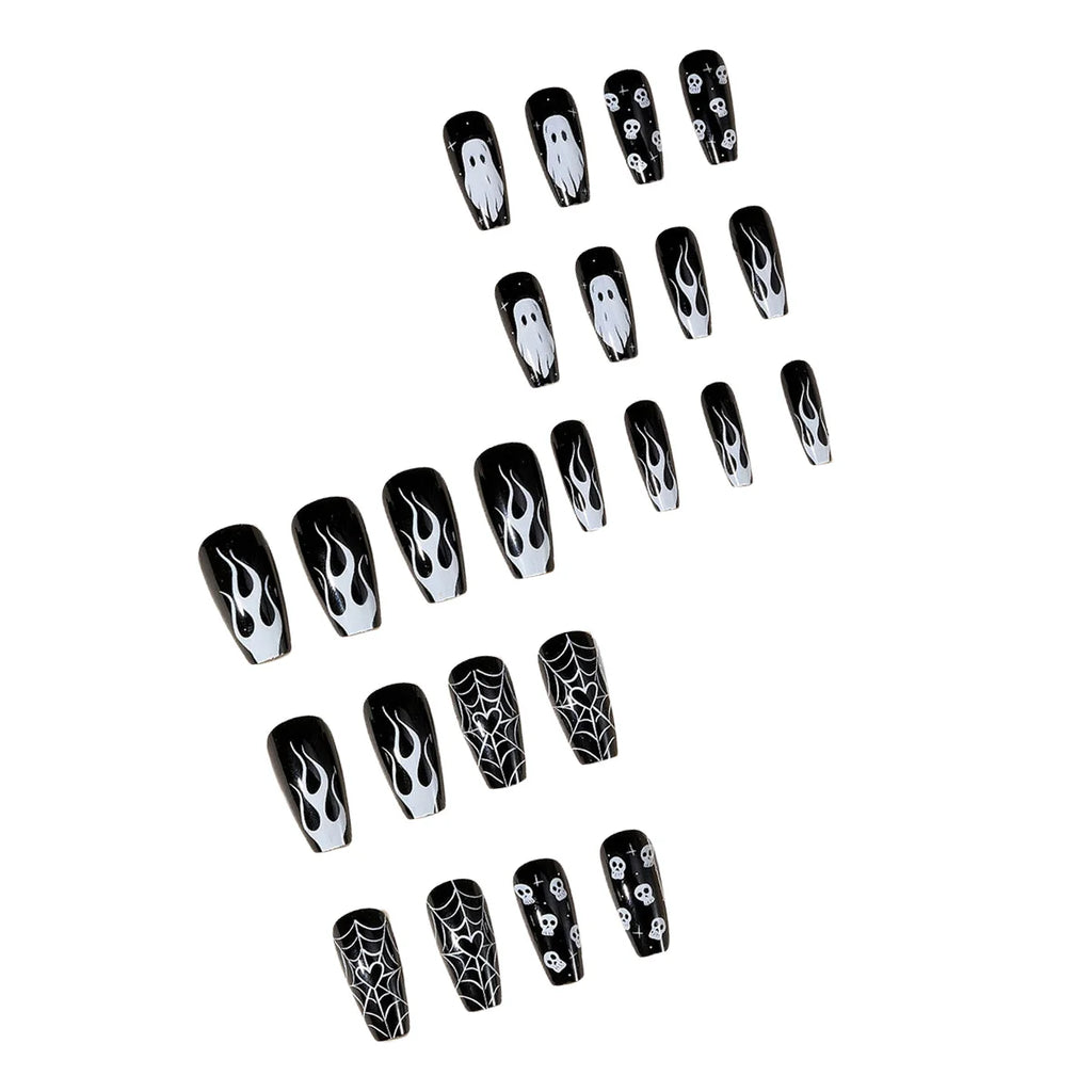 24pc Halloween Press On Nails, Black Coffin Ghost Skull Web