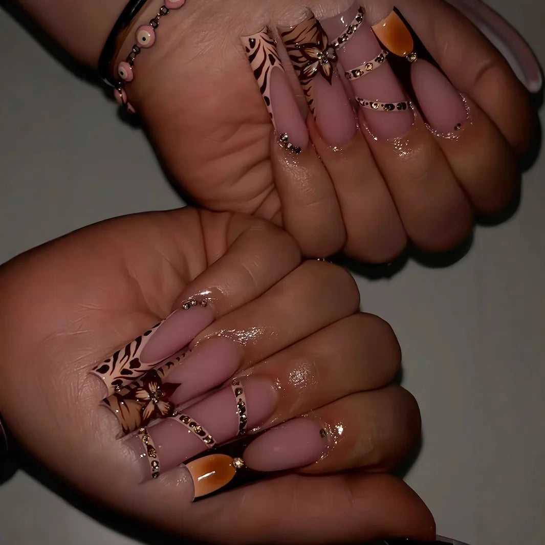 24Pcs Leopard Print Design False Nails with Bow Rhinestone Long Square Press on Nails Wearable French Ballet Fake Nail Tips