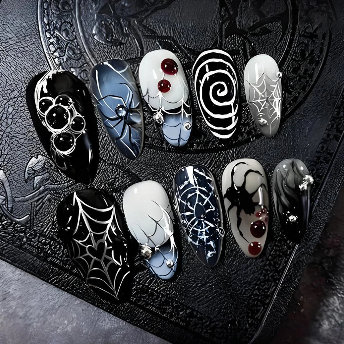 24pc Halloween Press On Nails, Silver Spider Gothic Almond Tips