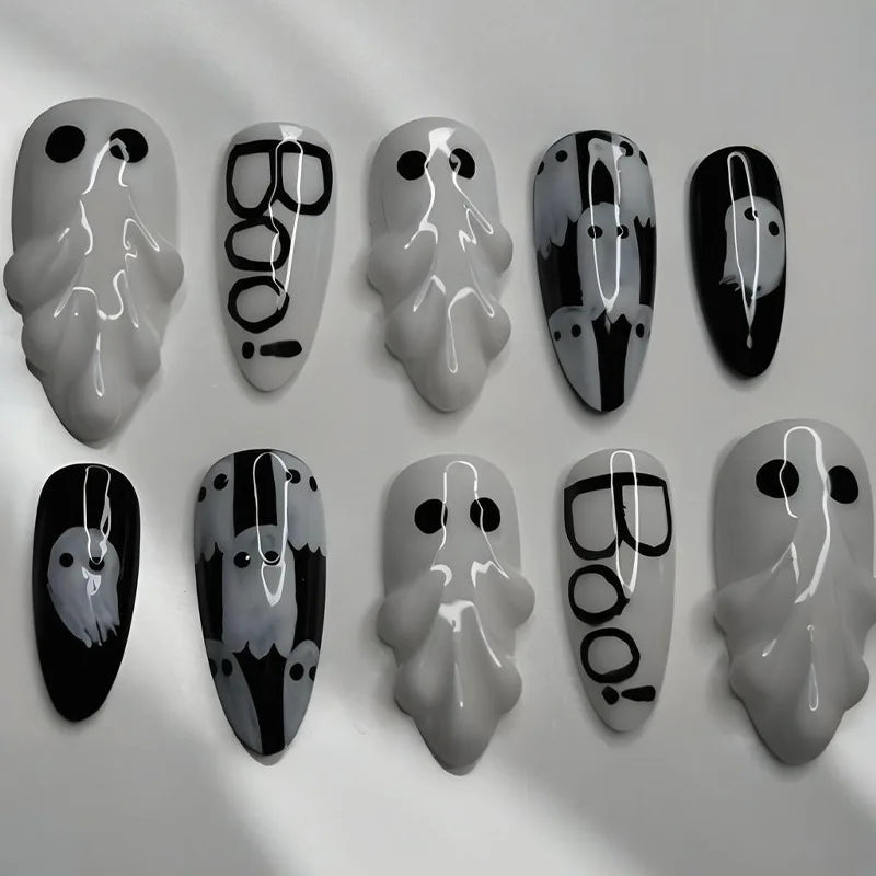 24pc Halloween Press On Nails, Silver Spider Gothic Almond Tips