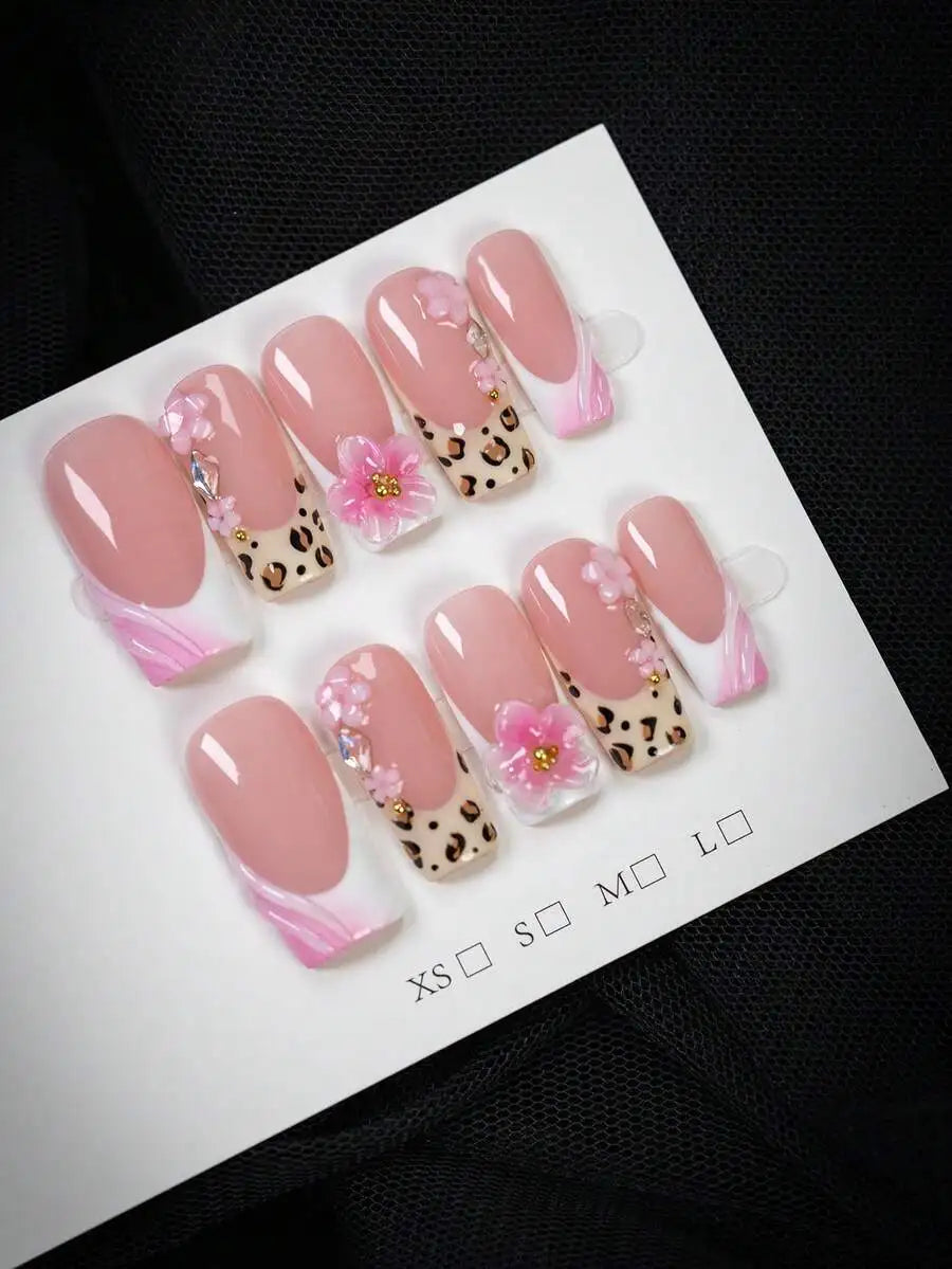 10pcs - Y2K Style Leopard Print Pink Flower Press On Nails, Pink Flower Gold Bead Square Nails - Leopard Print Design, Nude Pink Gradient, Sparkling Rhinestone Embellishment Fake Nails - Suitable For Daily, Party, And Outdoor