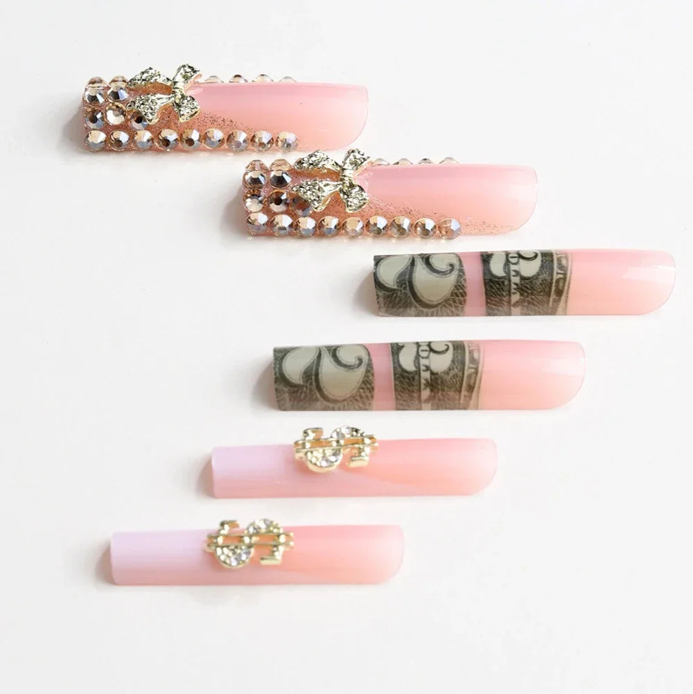 24pcs long square Press on Nails wealth decora French 3D Bow rhinestone Pink Fake Nails Cute Long Nail Art wearable detachable
