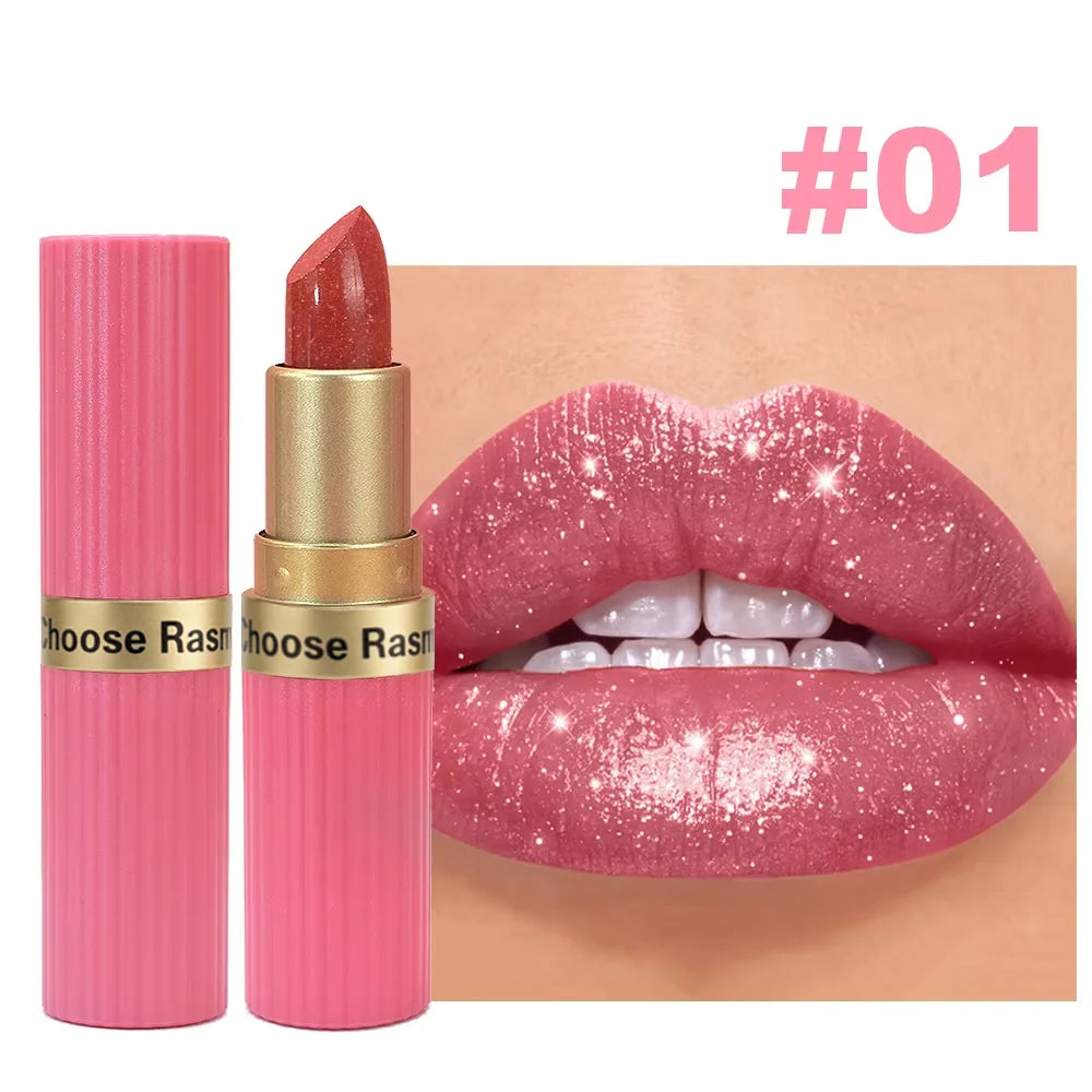 Pearlescent Pink Glitter Velvet Lipstick Metallic Waterproof Long Lasting Matte