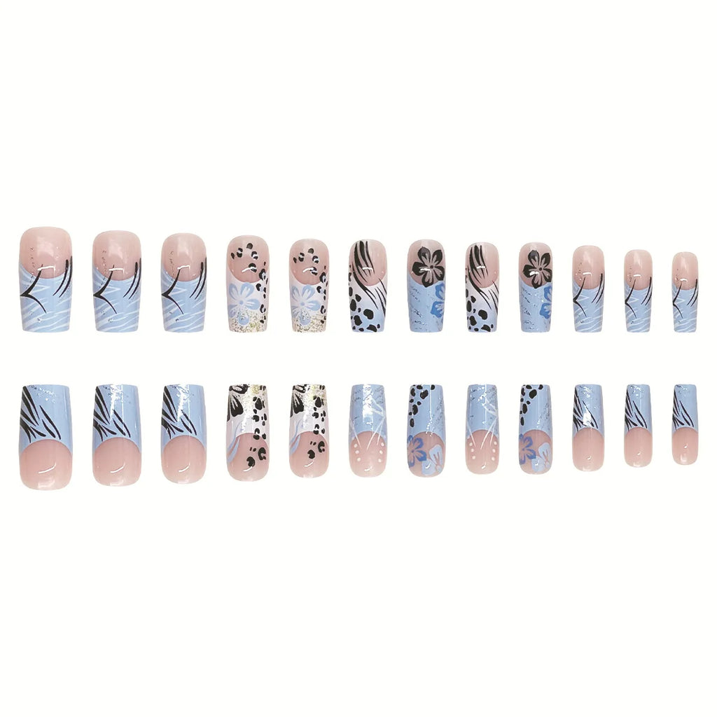 24Pcs fake nail art, summer blue and white jumping color medium long Chinese wearing nail art, fake nail patch black and white blue flower leopard print, anniversary gift, perfect gift for women, birthday gift, holiday gift