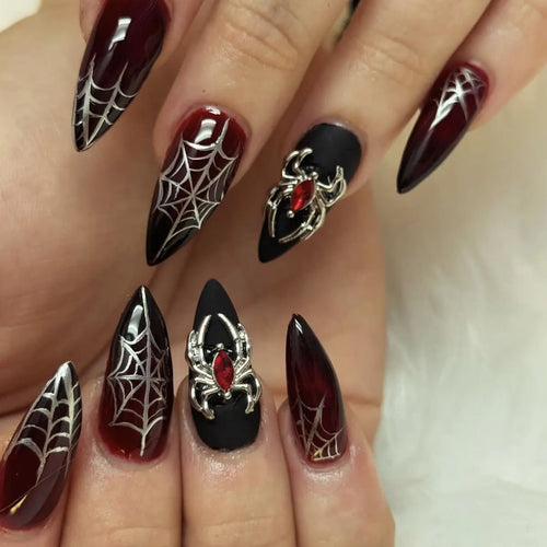 24pc Halloween Press On Nails, Silver Spider Gothic Almond Tips
