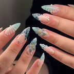 24PCS 3D Blue Pearl Press-On Nails | Rhinestone Starfish