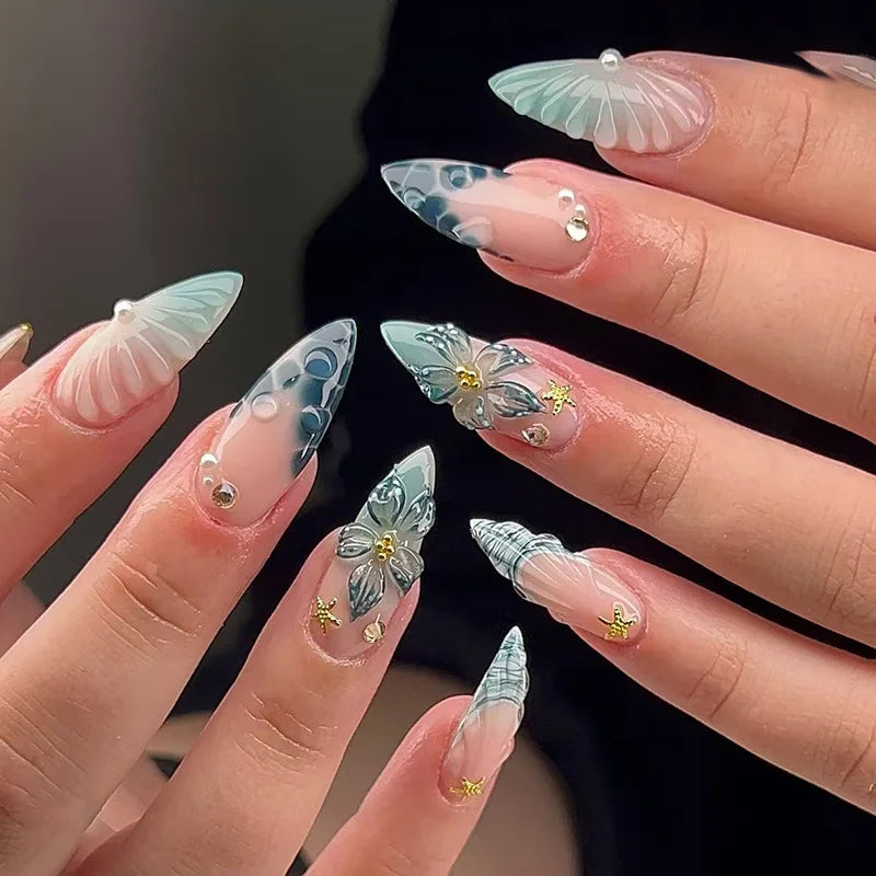 24pcs 3D Retro Blue Bubble Rhinestone Pearl Gradient Starfish Press On Nails Elegant Temperament Glossy Ins European Luxury Trend Handmade Exquisite Finished False Nail Patches Skin Bright Reusable Removable Comfort Manicure