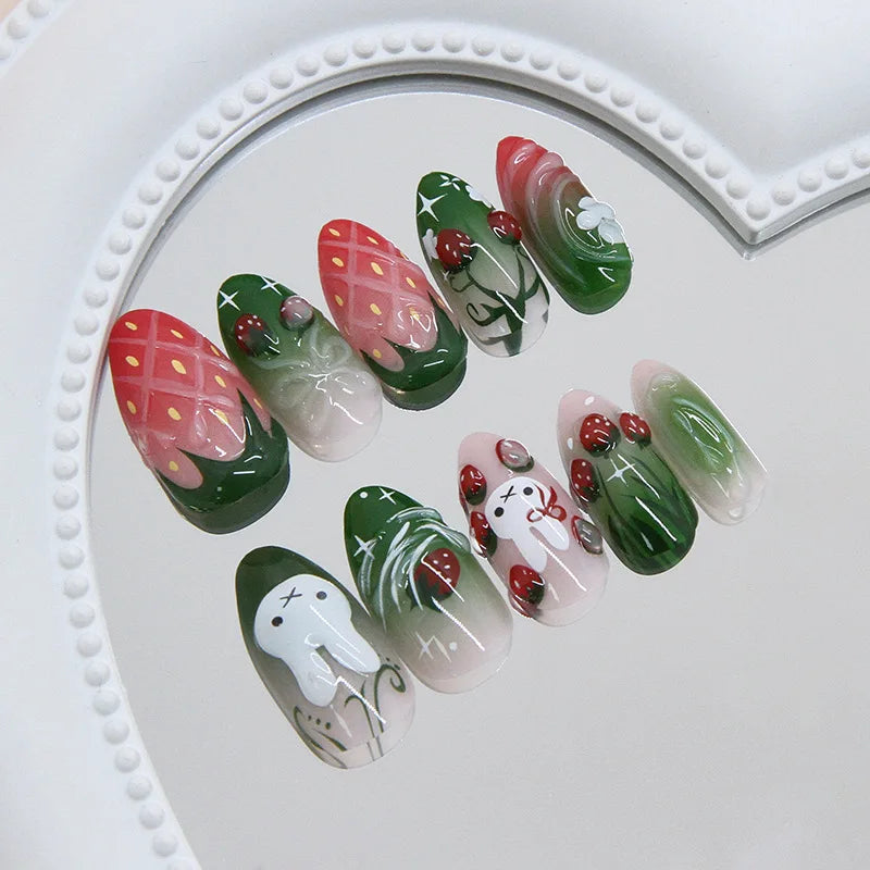 24pcs Ice Transparent 3D Strawberry Rabbit Floral Smudge Gradient Press On Nails Glossy Sweet Cute Ins Korean European Trend Style Handmade Soft Gentle Finished False Nail Patches Skin Flattering Reusable Removable Comfort Ma