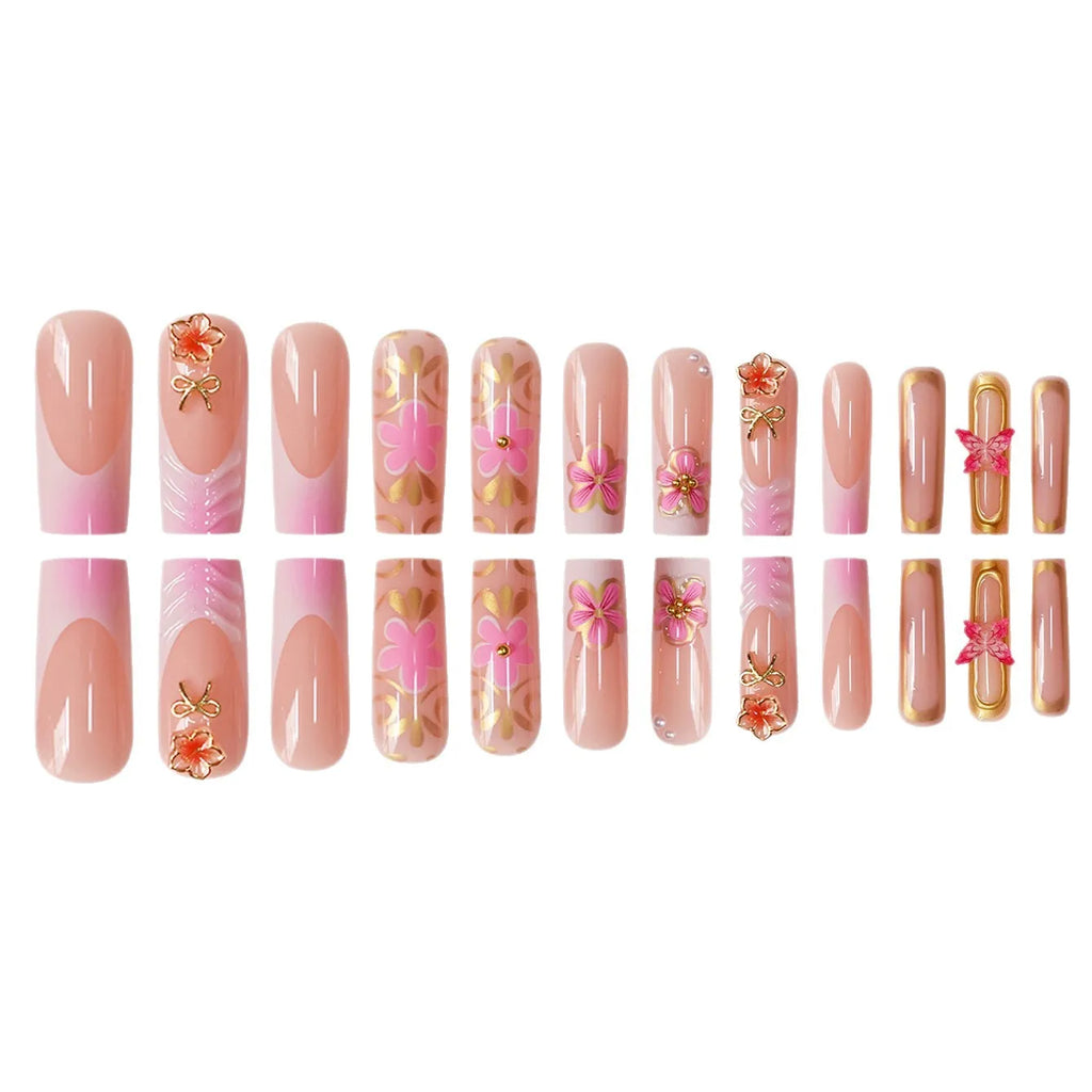 24 pieces of powder gold butterfly three-dimensional carved rectangular nail art factory finished product