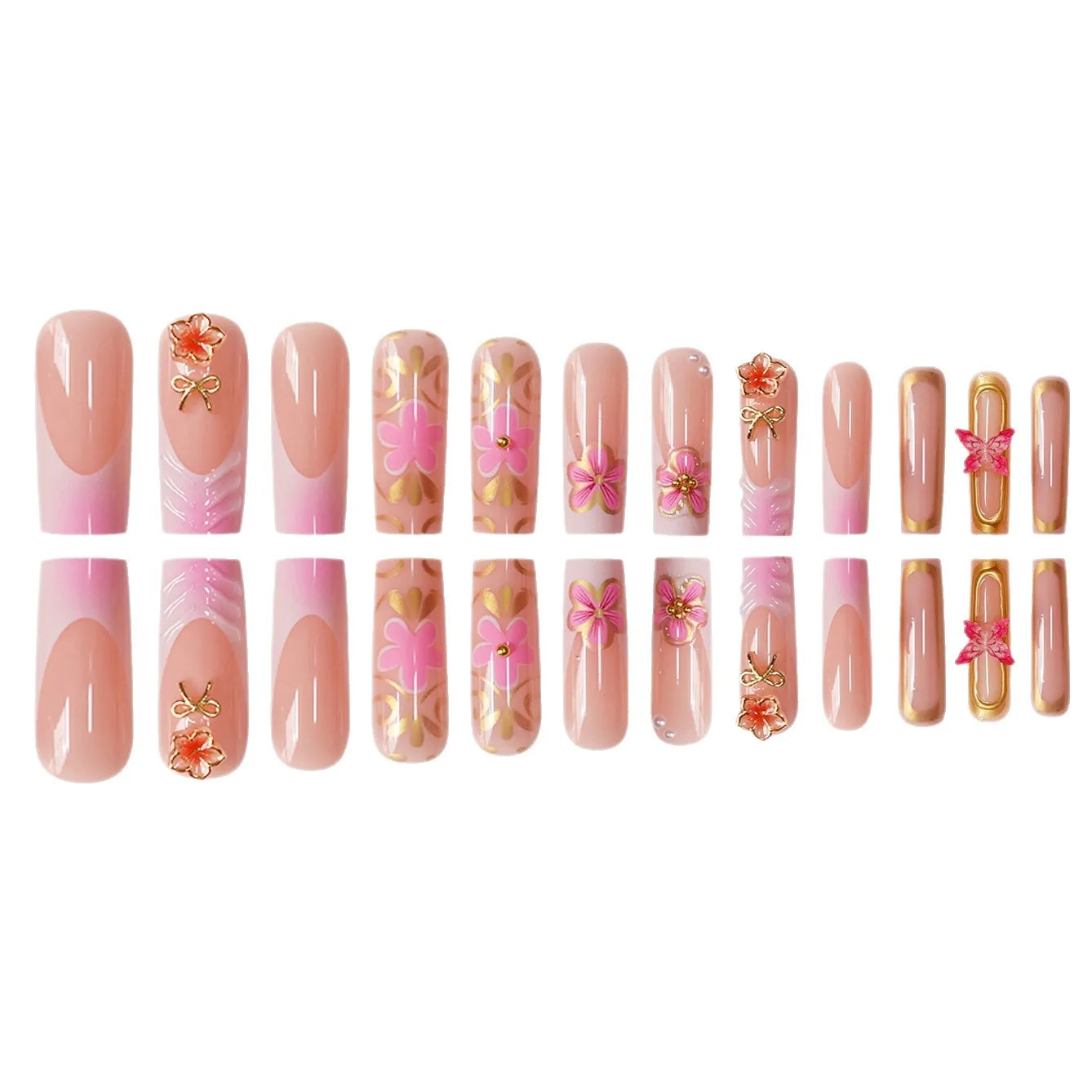 24 pieces of powder gold butterfly three-dimensional carved rectangular nail art factory finished product