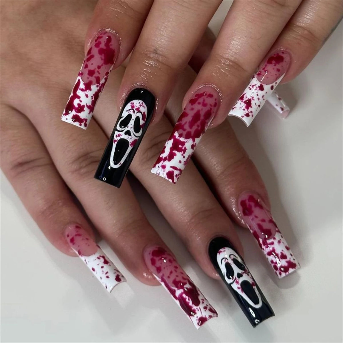 24pc Halloween Press On Nails, Long Coffin Ghost Face Design