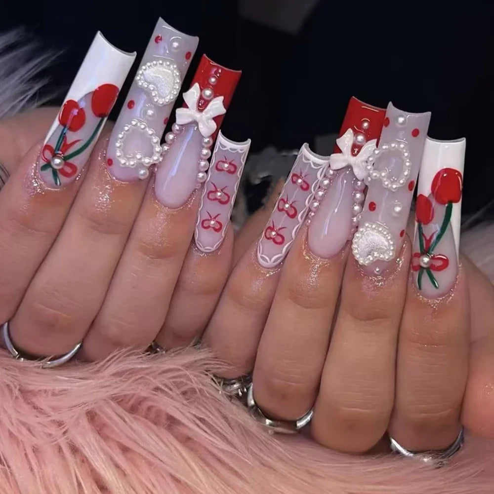 24pcs long square Press on Nails wealth decora French 3D Bow rhinestone Pink Fake Nails Cute Long Nail Art wearable detachable