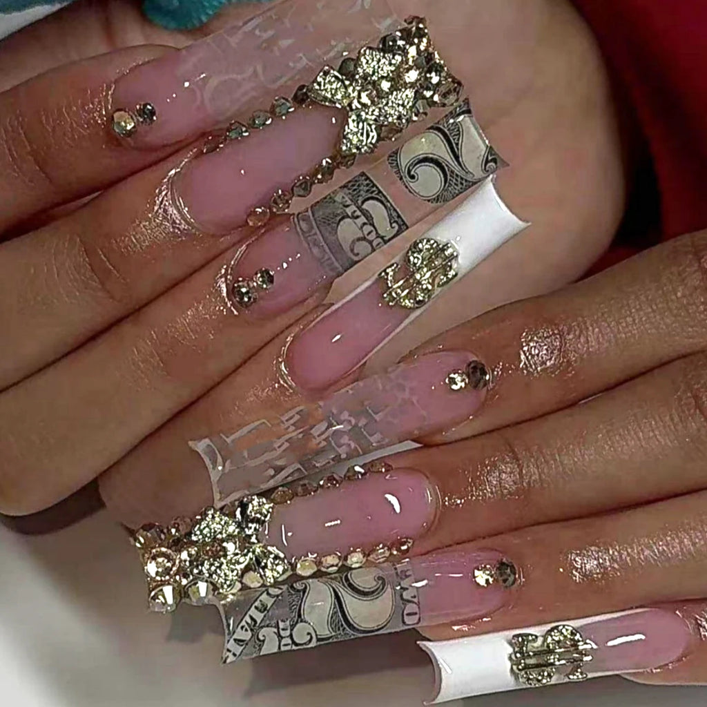 24pcs long square Press on Nails wealth decora French 3D Bow rhinestone Pink Fake Nails Cute Long Nail Art wearable detachable