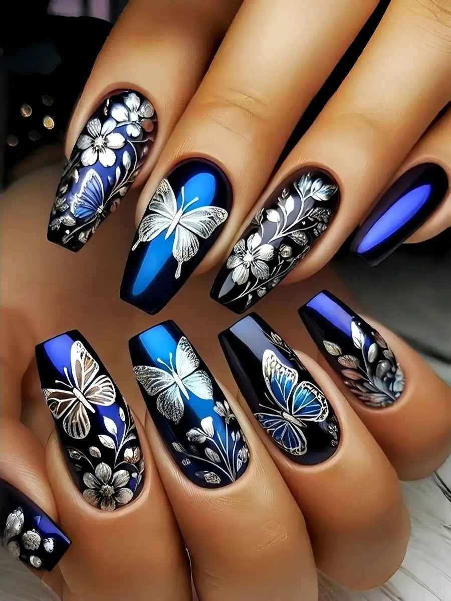 24pcs Square Long False Nails Purple French White Floral Nail Art Tips Wearable Full Coverage Removable For Women
