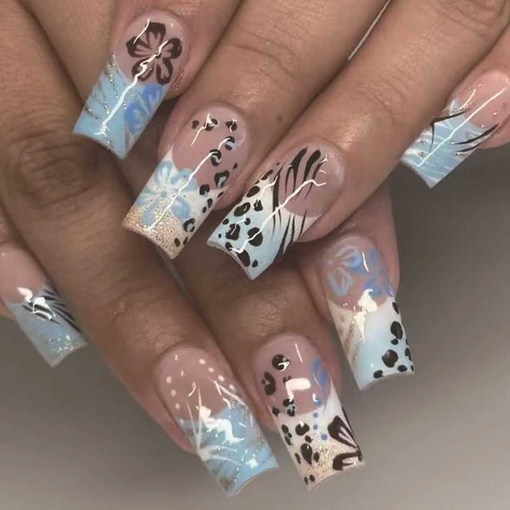 24Pcs fake nail art, summer blue and white jumping color medium long Chinese wearing nail art, fake nail patch black and white blue flower leopard print, anniversary gift, perfect gift for women, birthday gift, holiday gift