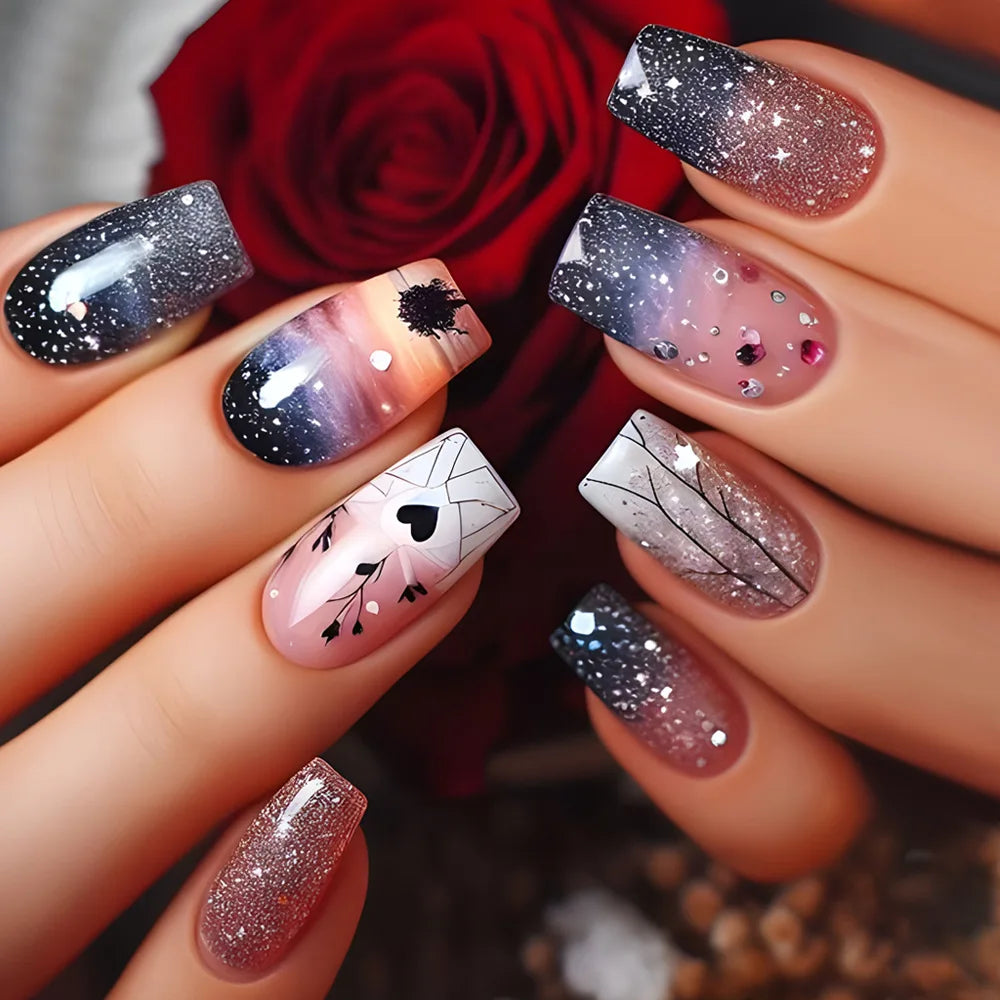24pcs Mid-length Ballet Fake Acrylic Nails Flower Design Stick on Fake Nail Fashion Square Blue Artifical Wearable Press on Nails Tips Non-Brands