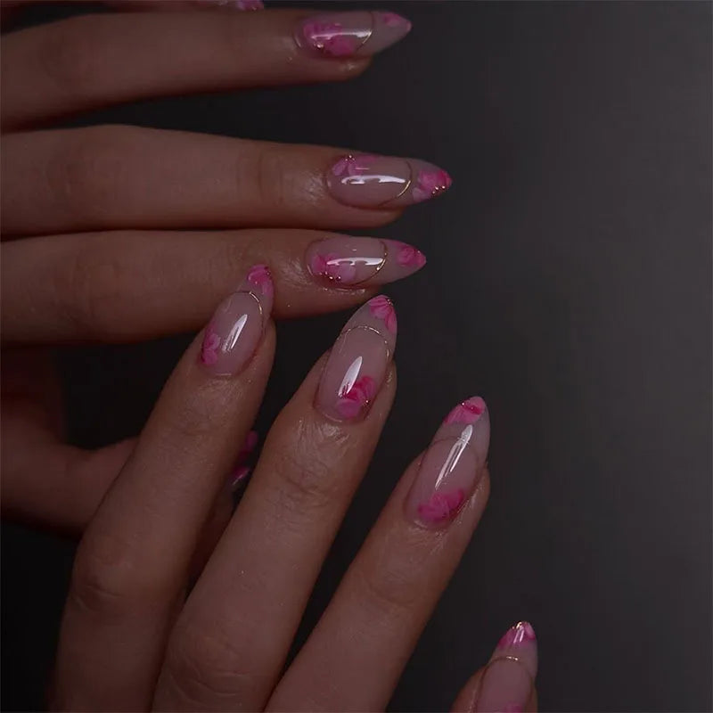24pcs Press on Nails Flower Pearl Design Short Almond Fake Nails Gradient Pink Design False Nail Art Blush Spicy Girl Manicure