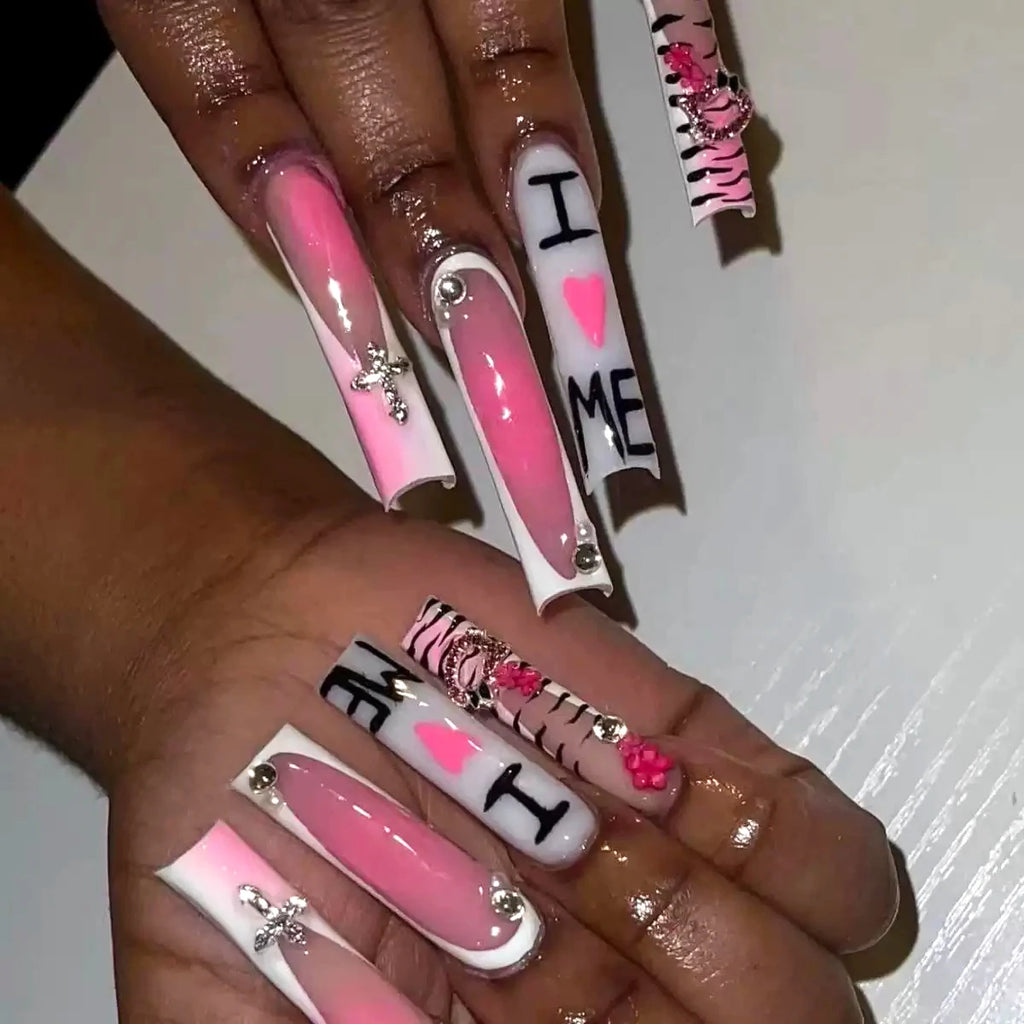 24pcs long square Press on Nails wealth decora French 3D Bow rhinestone Pink Fake Nails Cute Long Nail Art wearable detachable