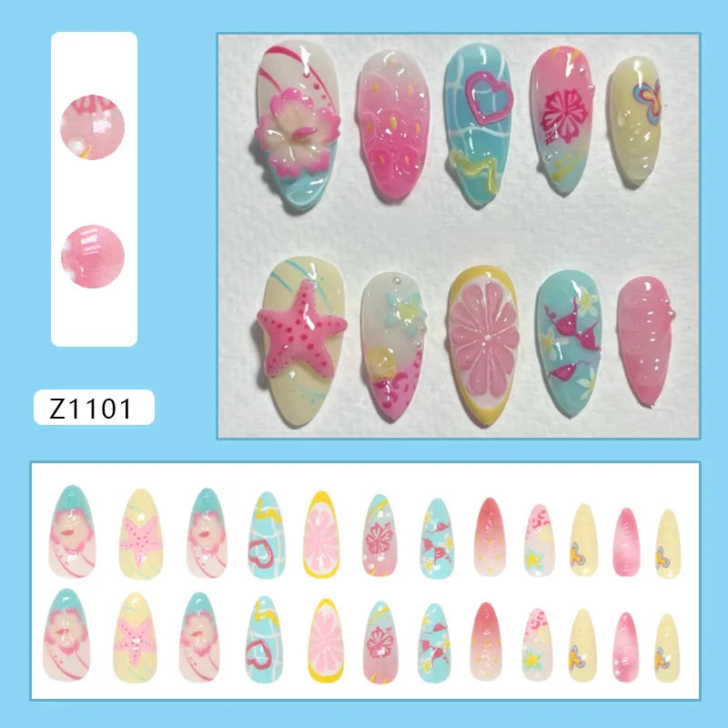 24pcs 3D Summer Fresh Fruit Party Graffiti Heart Plaid Floral European Ins Press On Nails Cute Vibrant Removable Reusable False Nail Patches All Match Beach Daily Dating Holiday Manicure